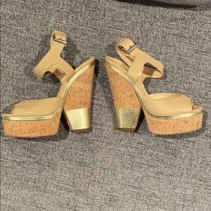 Tan and cork wedge heel